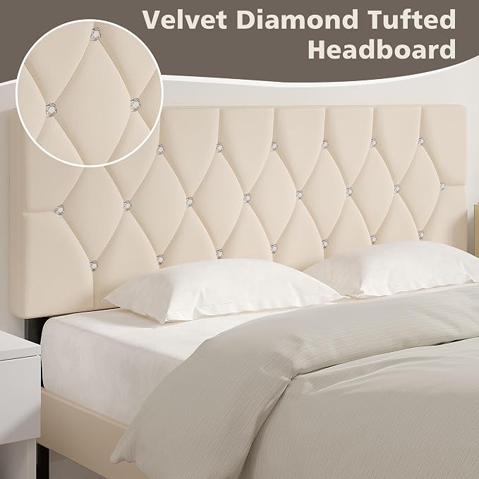 VECELO Tufted Upholstered Headboard Queen Size, with 6 Adjustable Height from 39.8" to 49.8", Button Diamond Design, Easy Assembly, Beige
