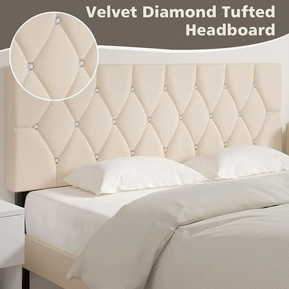 VECELO Tufted Upholstered Headboard Queen Size, with 6 Adjustable Height from 39.8" to 49.8", Button Diamond Design, Easy Assembly, Beige