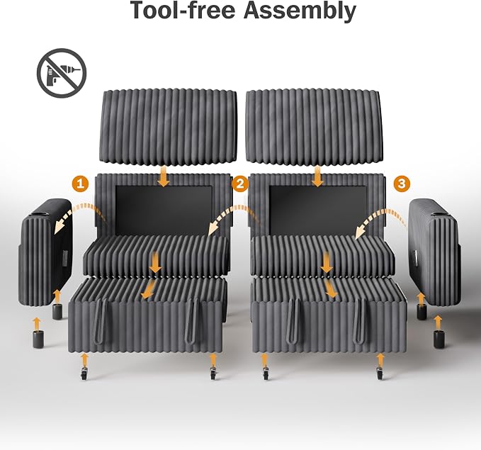Vipbear 91" Sectional Sleeper Sofa with Pull Out Bed,5-Level Adjustable Backrest,3 Seat Modular Couch with Storage,Tool Free Assembly,USB & Cup Holders, Corduroy Sofa for Living Room,Grey