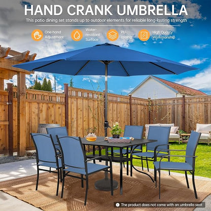 SUNCROWN 8 - Piece Outdoor Dining Set, Patio Furniture Set with 6 Textilene Dinning Chairs, 1 Rectangle Metal Table and 1 Dark Blue 9Ft Patio Umbrella for Lawn Garden Backyard Deck, Blue