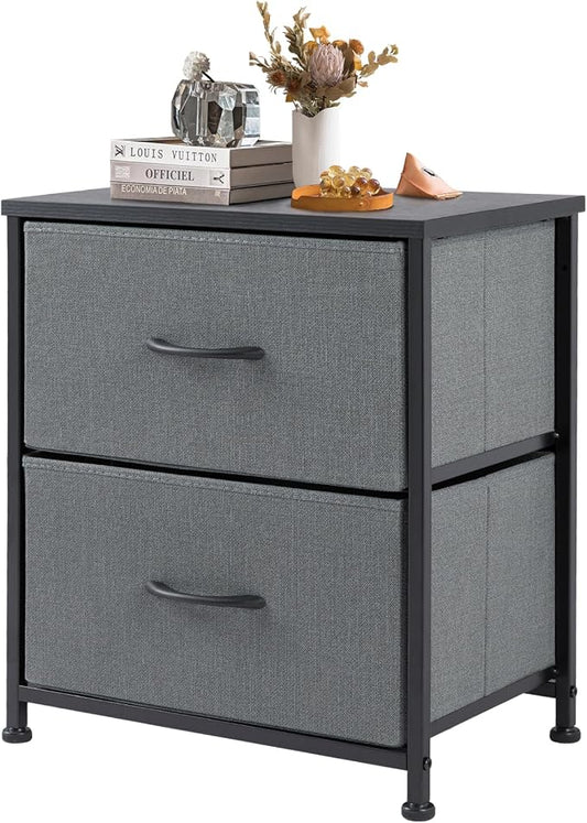DUMOS Nightstand Small Dresser with 2 Fabric Drawers, Bedroom End Table | Kids Bedside Storage Furniture for 20 inch Tall Night Stand for Closet, Dorm, Ash
