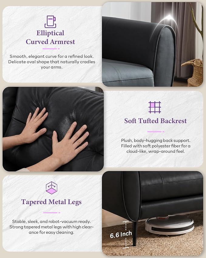 TYBOATLE Sofa Couch 61" Small Loveseat Couches for Living Room, Black Faux Leather Couch Mid Century Modern Tufted Mini Sofa Comfy Office 2 Seat Settee Love Seat Couches for Small Spaces Bedroom