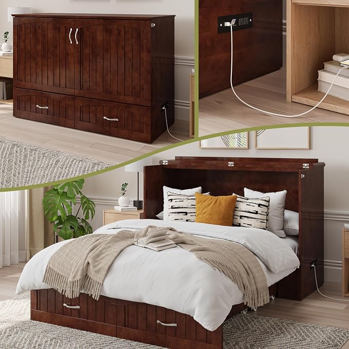 AFI, Southampton Murphy Bed Chest Full with 6" Mattress, Built-in USB Charger & Storage Drawer, Walnut