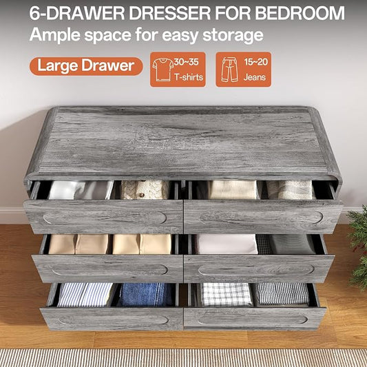 3 Piece Bedroom Set, Dresser and Nightstand Sets for Bedroom | Wood 6 Drawer Dresser & Night Stand Set of 2, Wide Chest of Drawers Modern Storage Cabinet Bedroom Furniture Set, Grey