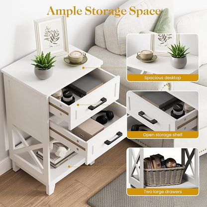 May in Color Nightstand Set of 2, 30" Tall Side Table with 2 Drawers and Open Shelf, Bedside Table with Solid Feet, Modern Night Stand End Table for Bedroom, Home Office, White