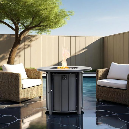 30" Propane Gas Fire Pit Table, 50000 BTU Round Outdoor Fire Pit with Wood Grain Ceramic Tabletop, Steel Patio Fire Table with Lid & Rain Cover for Backyard Deck Garden, Black