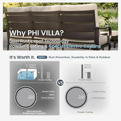 PHI VILLA Metal Patio Sofa with 5.75" Extra-Thick Waterproof Cushion, 3 Seater Deep Seat & High Back Outdoor Couch, All Weather Porch Furniture for Deck Backyard Front Porch Apartment,Beige
