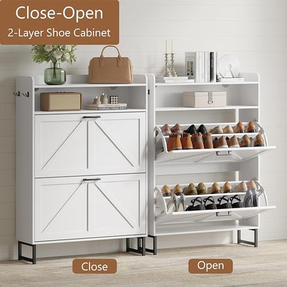 Shoe Cabinet with 2 Flip Drawers, Freestanding Hidden Shoe Storage Organizer for Entryway, Narrow Slim Shoe Rack Cabinet with Open Storage & Hooks for Front Door Entrance, Living Room, Hallway, White