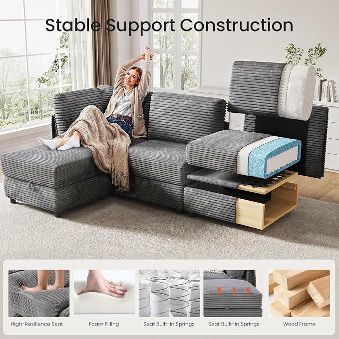 KKL Modular Sectional Sofa V-Shaped 6 Seater Couch with Storage Ottoman, Convertible L/J-Shaped Couch and Sofa Bed Plush Wide-Wale Corduroy for Living Room, Apartment, Modern Design, Gray