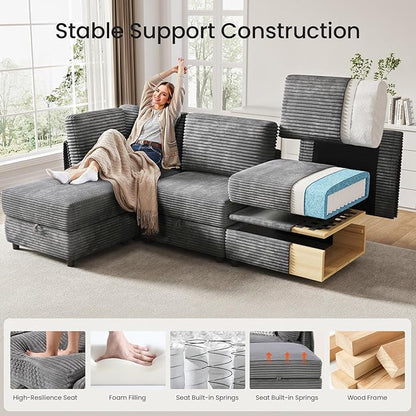 KKL 123" Modular Sectional Sofa Bed with Storage Ottoman, Convertible L/U/J-Shaped Sleeper Couch Plush Wide-Wale Corduroy for Living Room, Apartment, Modern Design, Gray