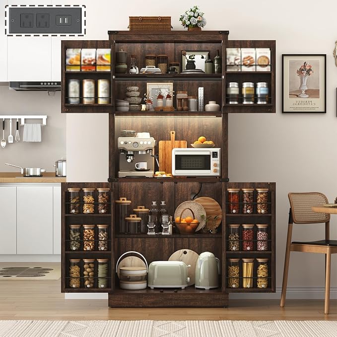 72" Tall Farmhouse Kitchen Pantry Cabinet with LED Light and Power Outlet,Modern Farmhouse Kitchen Storage Cabinet w Load-Bearing Steel Pipe,Barn Doors, Organizer,Food Pantry Cabinets(2PC Brown)