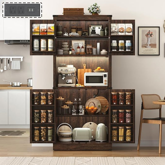 72" Tall Farmhouse Kitchen Pantry Cabinet with LED Light and Power Outlet,Modern Farmhouse Kitchen Storage Cabinet w Load-Bearing Steel Pipe,Barn Doors, Organizer,Food Pantry Cabinets(Rustic Brown)