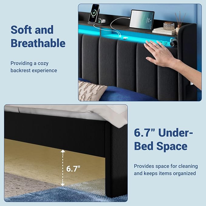 Allewie Velvet Vertical Tufted Full Size Upholstered Platform Bed Frame with 2-Tier LED Storage Headboard & 2 Storage Drawers, USB & Type-C Charging Ports, Noise-Free/No Box Spring Needed, Black