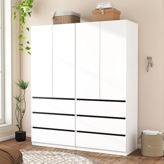 Armoire Wardrobe Closet with Drawers：75" Large White Wardrobe Closet Cabinet with 4 Doors for Hanging Clothes, Modern Wooden Bedroom Armoires with 6 Drawers and Storage (B+B, 63")