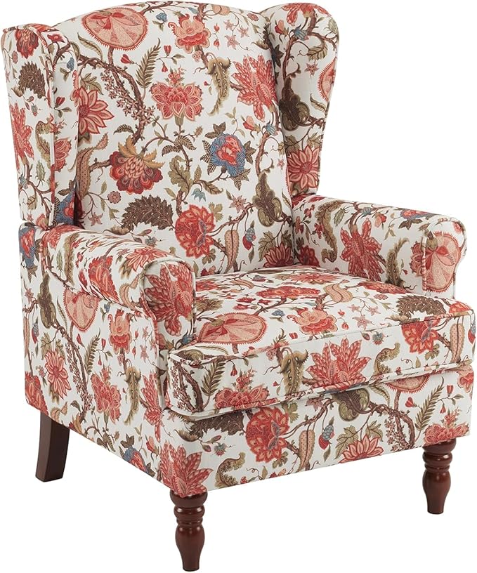 EROMMY Floral Accent Chair, Comfortable High Back Upholstered Armchair with Solid Wood Legs, Leisure Single Sofa Chair for Living Room, Bedroom, Home Office, Red Floral