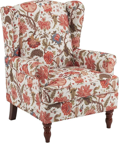EROMMY Floral Accent Chair, Comfortable High Back Upholstered Armchair with Solid Wood Legs, Leisure Single Sofa Chair for Living Room, Bedroom, Home Office, Red Floral