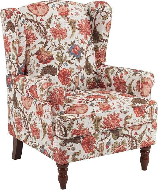 EROMMY Floral Accent Chair, Comfortable High Back Upholstered Armchair with Solid Wood Legs, Leisure Single Sofa Chair for Living Room, Bedroom, Home Office, Red Floral