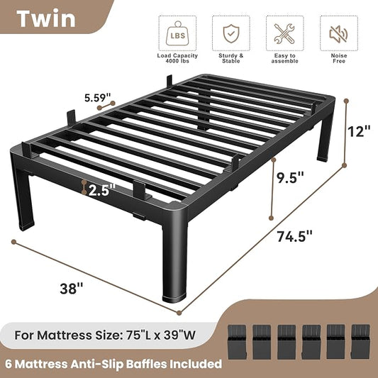 MAF 12 Inch Twin Metal Platform Bed Frame with Anti-Collision Round Legs, Black 3500 Lbs Heavy Duty Bed Frame Steel Slats Support, No Box Spring Needed, Easy Assembly