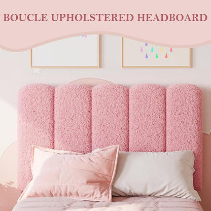 GarveeHome Twin Bed Frame, Upholstered Platform Bed with Wave Headboard for Girls/Kids, Easy Assembly, Wooden Slats Support, No Box Spring Needed, Boucle Pink