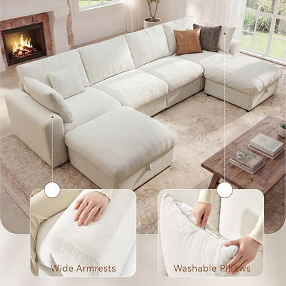 Ihanherry 141" Oversized Cloud Sectional Couches for Living Room, Modular Sectional Sofa with Wide Deep Seat, U Shaped Couch with Throw Pillow and Storage Ottoman, Beige