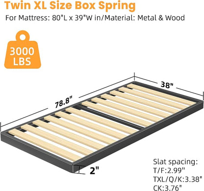 VIPSHOW 2 Inch Wood Slat Twin XL Box Spring with Round Corners - 3000 lbs Capacity, Low Profile Bed Slat Replacement Bunkie Board with Metal Frame, Noise-Free, Easy Assemble, Black
