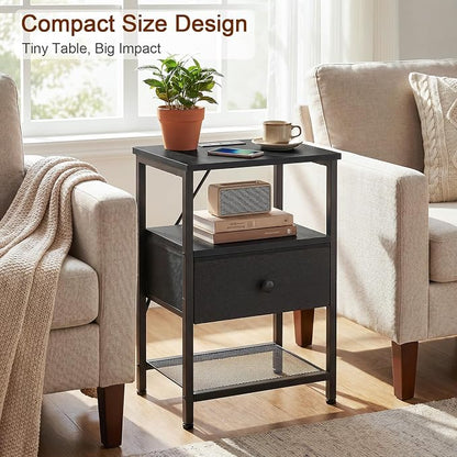 LOAKEKEL Night Stand, Nightstand with Charging Station, Slim Industrial Bedside Table with Fabric Drawer, Small End Table with USB & Type-C Ports for Bedroom, Black, HETS010BK-1