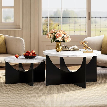 LIKIMIO Nesting Coffee Tables Set of 2, 31.5" Round Side Tables for Living Room, Wooden End Table, Marble