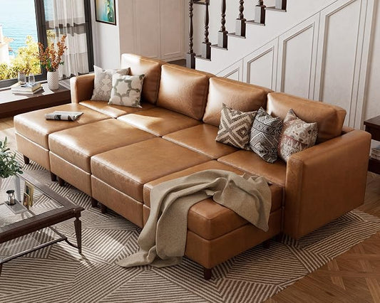 ABCASA 118.5" Faux Leather Oversized Sleeper Sofa Bed with Storage Seat, 8 Seat Modular Sectional Couch Deep Seat with Reversible Chaises & Movable Ottoman - Brown