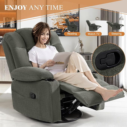 Swivel Rocker Recliner Chair for Adults – Manual Glider Sofa with Massage, Heat & Vibration, 360° Rocking for Living Room (Dark Gray, 30"x30"x40")