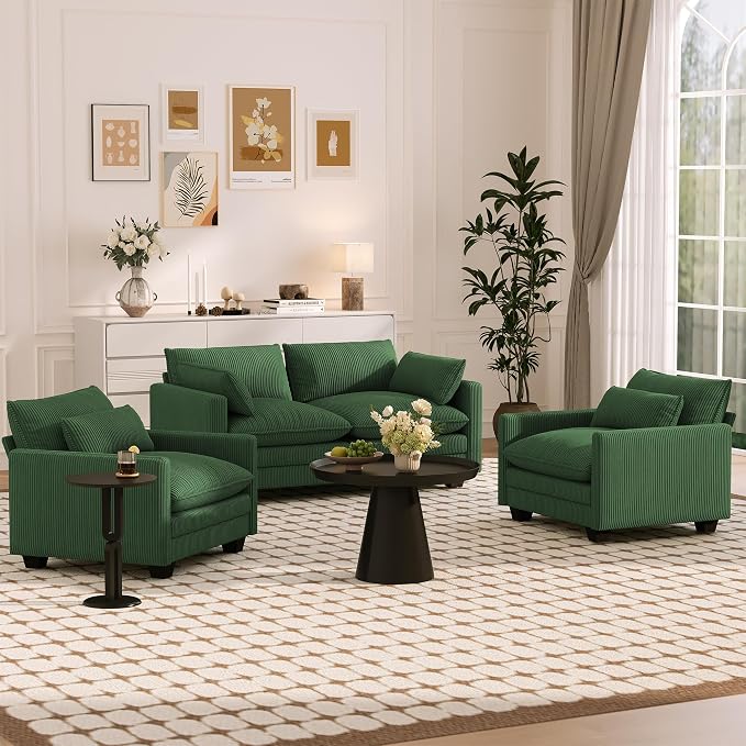 Gizoon Cloud Accent Chair with Washable Cover, Corduroy Single Sofa Chair with Comfy Deep Seat, Modern Armchair with Pillow for Living Room Bedroom, Green
