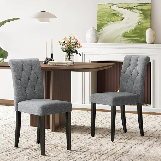 Welzona Upholstered Dining Chairs Set of 2, Button Tufted Parsons Dining Chair with Solid Wood Legs, Modern Fabric Side Chair for Dining Room/Kitchen/Restaurant/Hotel- Grey