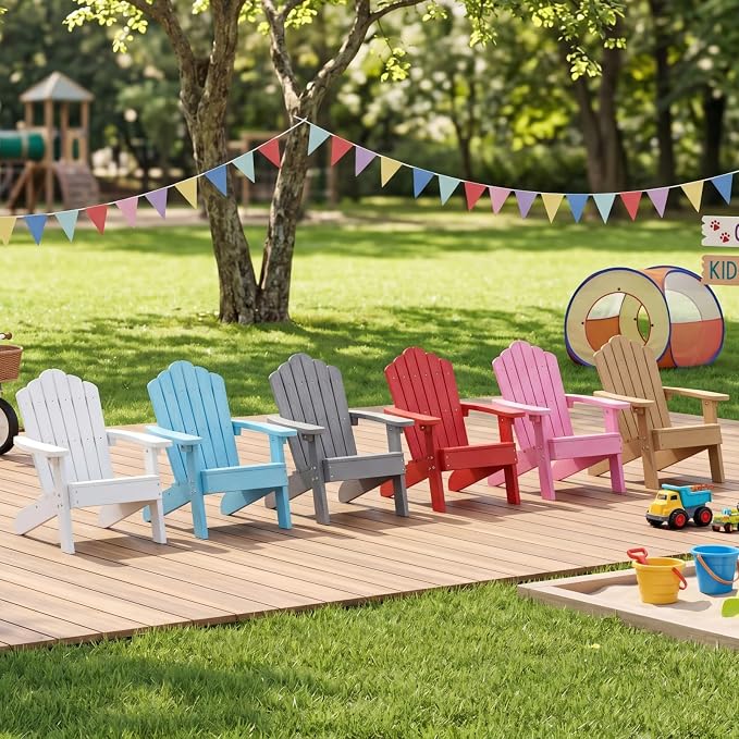 Giantex Kids Adirondack Chair, All-Weather HIPS Children's Outdoor Chair with Tilted High Backrest, Toddler Beach Chair for Garden Patio Backyard, Kids Lawn Chairs for Age 3-7 (1,Teak)