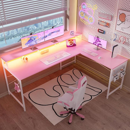 Pamray 64 Inch L Shaped Gaming Desk with Power Outlets and Led Lights, Large Corner Computer Desk with Monitor Stand and Pegboard, PC Table for Home Office and Bedroom Pink