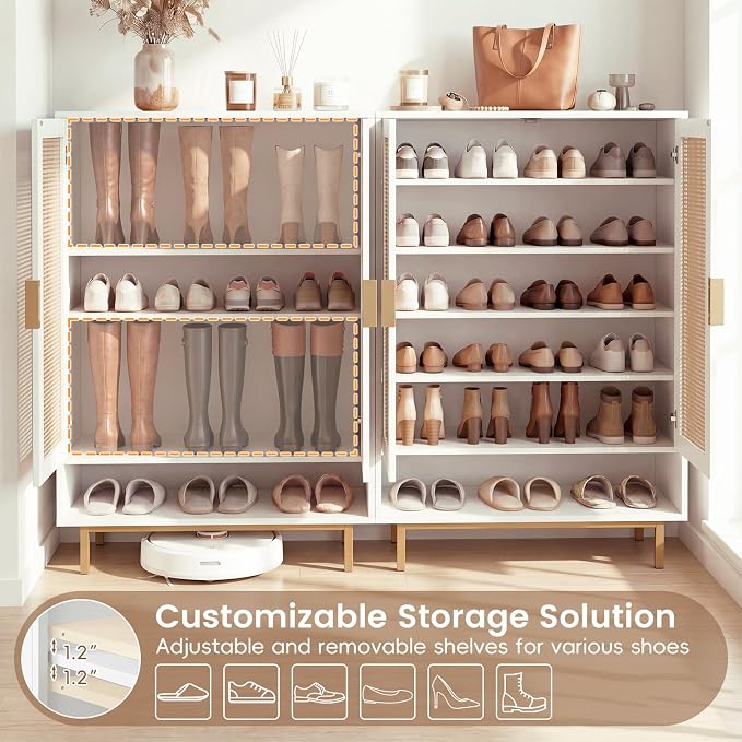LOKO Shoe Storage Cabinet with 2 Doors, 6-Tier Rattan Shoe Organizer with Adjustable Shelves & Open Compartment, Freestanding Hidden Shoe Cabinet for Entryway, Closet & Living Room (White)