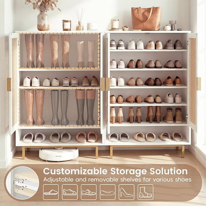 LOKO Shoe Storage Cabinet with 2 Doors, 6-Tier Rattan Shoe Organizer with Adjustable Shelves & Open Compartment, Freestanding Hidden Shoe Cabinet for Entryway, Closet & Living Room (White)