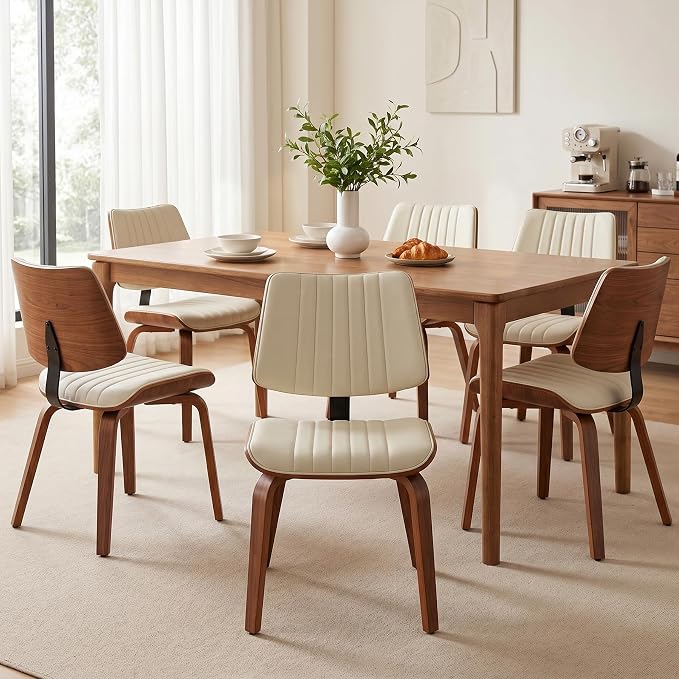 Armless Dining Chairs Set of 6, Walnut Beige | Set of 6 armless chairs with walnut bentwood back and warm beige upholstery. Great for family dining rooms