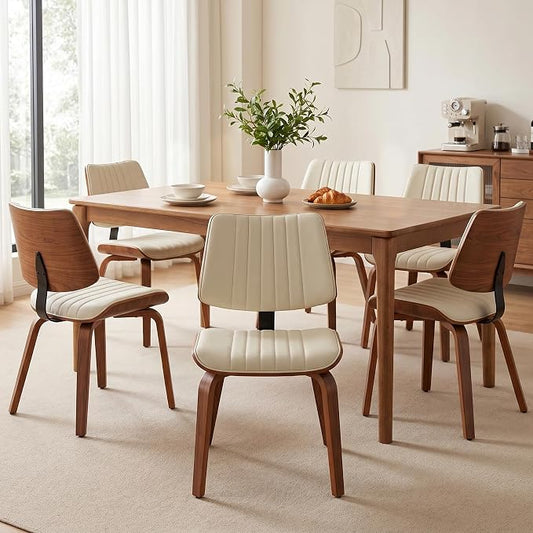 Armless Dining Chairs Set of 6, Walnut Beige | Set of 6 armless chairs with walnut bentwood back and warm beige upholstery. Great for family dining rooms