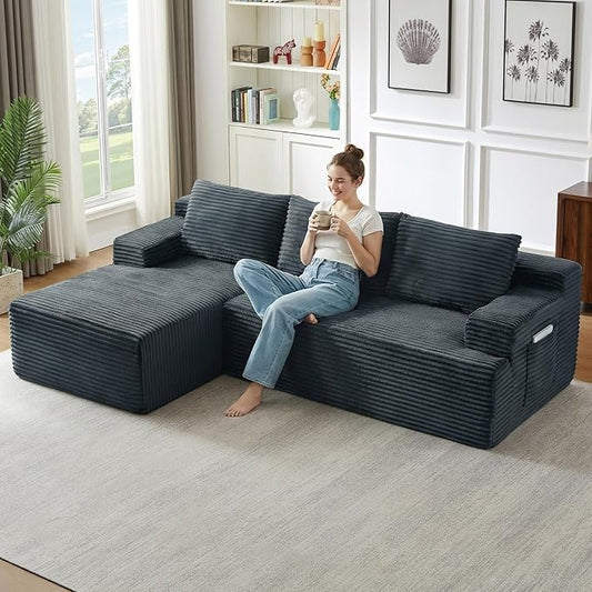 96" Cloud Sectional Couch with L-Shape Chaise, Modular Comfy Sofa Chaise Longue, Upholstered Corduroy Couches Sleeper with Deep Seat for Living Room Bedroom, No Assembly Required(Grey, Left Facing)