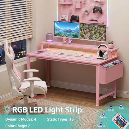 Lufeiya Girls Desk with Power Outlets and LED Lights, 40 Inch Gaming Desk Table with Charging Station, Home Office Computer Desks with Monitor, Pink