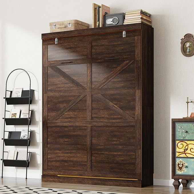 Hlivelood Queen Size Murphy Bed with 2 LED Lights, Farmhouse Wood Hidden Foldable Wall Bed Frame w/Gas Struts, Storage Bed Cabinet for Bedroom, Office, Space-Saving, No Box Spring Needed, Brown