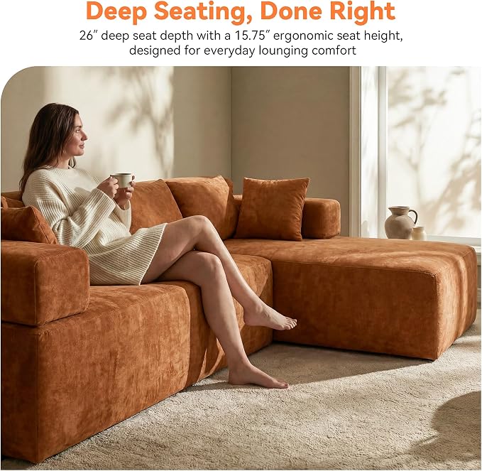 MONVANE 106" Cloud Sectional Couch with L-Shaped Chaise, Modular Sectional Sofa with Deep Seat and Removable Armrests, Comfy Chenille Boneless Couches for Living Room, No Assembly Required, Orange
