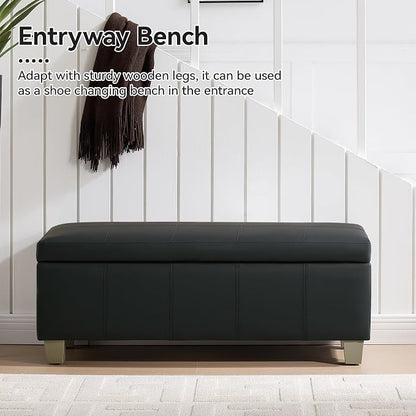 WUTUTUEE 41" Faux Leather Storage Ottoman, Stitch Tufted Rectangle Upholstered End of Bed Storage Bench, Entryway Large Couch Ottoman with Wooden Legs, Dark Black
