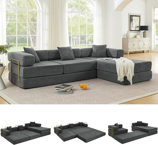 ivoros 108" Oversized Convertible Sleeper Sofa Bed, Corduroy L Shape Sectional Couch, Folding Sofa Bed with Fixed-Shape Frame, Modern Cloud Floor Mattress Couch, Modular Sofa for Living Room,Grey