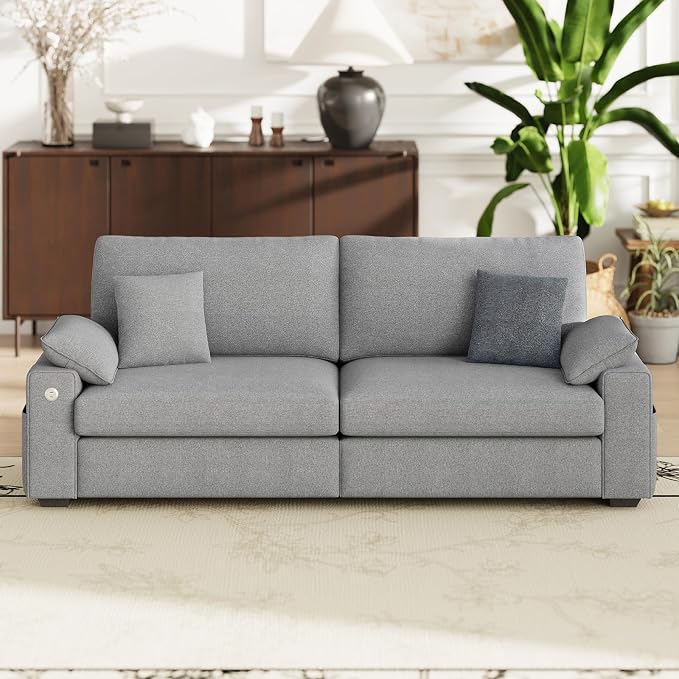 MALOL 89" Loveseat Couch, 3 Seater Upholstered Midcentury Mondern Love Seat with USB Type C Ports, 4 Pillows and Storage Armrest Cloud Foam Sofa for Living Room/Small Spaces, Grey | Breathable material