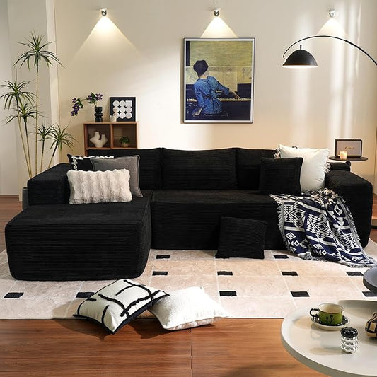 ovios 104" Cloud Boneless Couch with L-Shape Chaise,Modern Sectional Modular Sofa with Deep Seat, Upholstered Couches for Living Room Bedroom,No Assembly Required, Black (Corduroy Fabric)