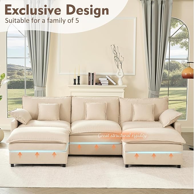 GOSUHI 108" U-Shaped Modular Cloud Couch, Deep Seat, Linen Beige | Cloud Comfort, Couches for Living Room, Removable & Machine-Washable Covers, Movable Ottoman, Modular Sectional Sofa