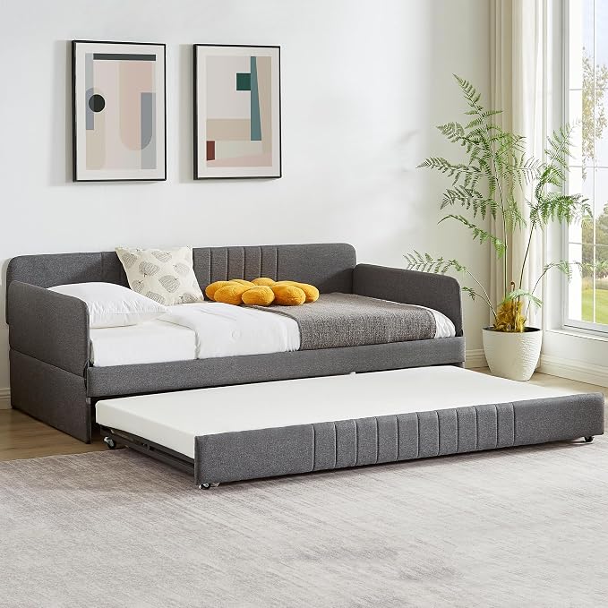 Twin Daybed with Trundle Bed Twin, Linen Upholstered Day Bed with Arm and Backrest, No Box Spring Needed Daybed, Twin Size Day Bed Gray