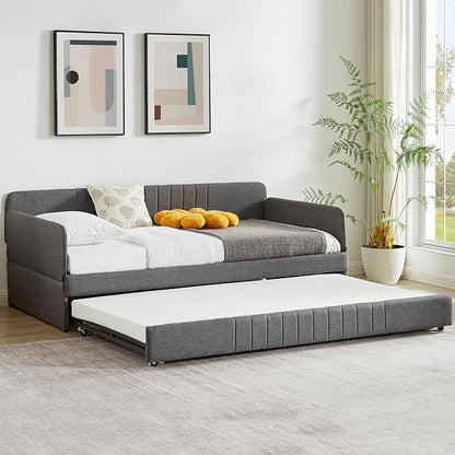 Twin Daybed with Trundle Bed Twin, Linen Upholstered Day Bed with Arm and Backrest, No Box Spring Needed Daybed, Twin Size Day Bed Gray