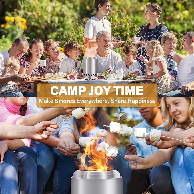 HGD Small Tabletop Fire Pit 8.0 x 5.5 in, Portable Mini Smokeless Table Top Firepit, Low Smoke Camping Stove for Outdoor/Patio, with Travel Bag & Forks, Fueled by Pellets/Wood, Stainless Steel, Silver