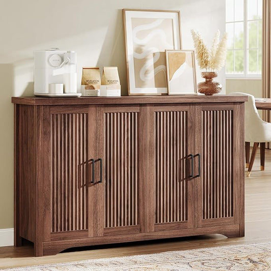 Memobarco Fluted Buffet Cabinet with Storage Accent Sideboard,Modern Credenza with 4 Doors & Adjustable Shelves,Wood Coffee Bar Table Console for Dining Room Kitchen Living Room Entryway, Walnut